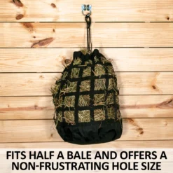 Dura-Tech® 3 Inch Hole Half Bale Net Hay Bag - Heavy Duty Horse Feeding Solution -Schneiders Shop 43264 feature a overlay